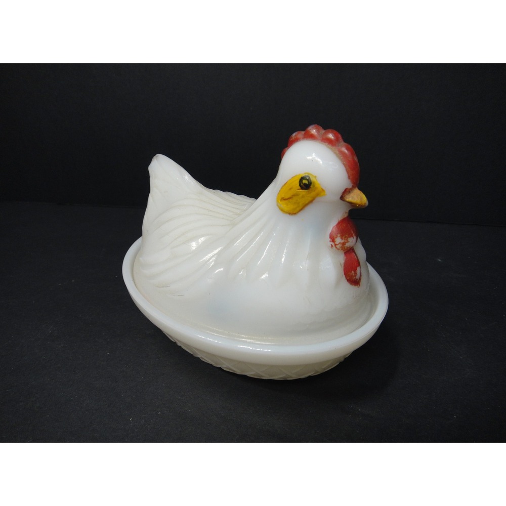Vintage Milk Glass Hen on Nest Covered Dish Hand Painted Farmhouse Candy Bowl